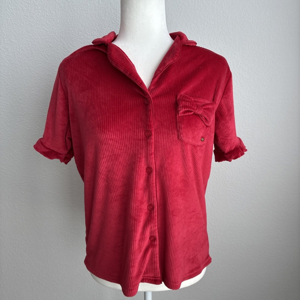 Betsey Johnson Red Ribbed Velour Pajama Top Ruffle Sleeve Bow Pocket Medium